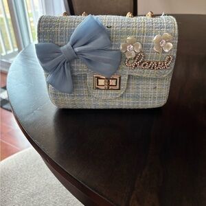 Handmade Fashion Inspired Blue Tweed Bag with Bow Accent